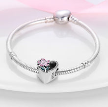 Load image into Gallery viewer, 925 Sterling Silver Pink Flower CZ Openwork Heart Bead Charm