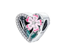 Load image into Gallery viewer, 925 Sterling Silver Pink Flower CZ Openwork Heart Bead Charm