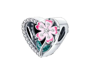 925 Sterling Silver Pink Flower CZ Openwork Heart Bead Charm