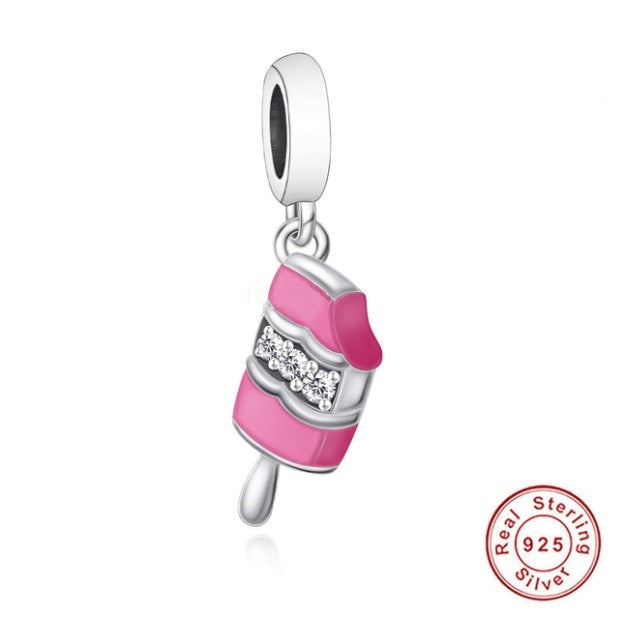 925 Sterling Silver Pink Enamel Ice Cream Clear CZ Dangle Charm