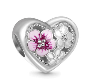 925 Sterling Silver Pink and White Blossoms Hollow Heart Bead Charm