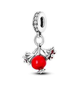 925 Sterling Silver Red Enamel Pomegranate and Flowers Dangle Charm