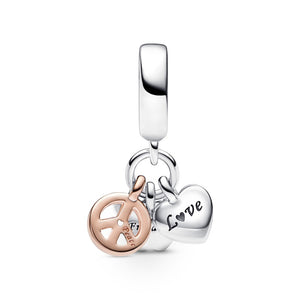 925 Sterling Silver Two Tone Love, Peace, Freedom Dangle Charm
