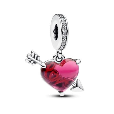 925 Sterling Silver Red Murano Cupid Arrow Love Heart Dangle Charm