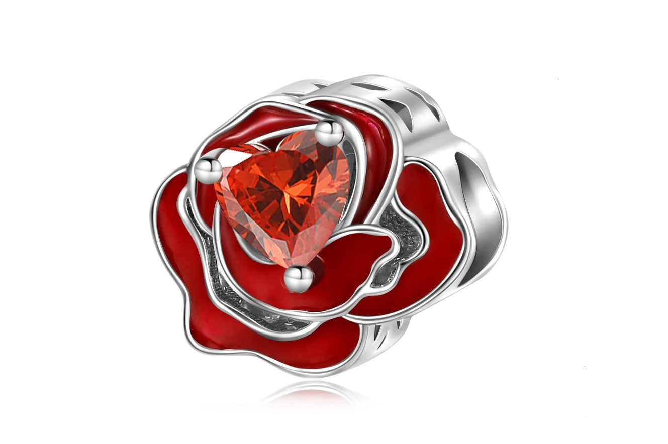 925 Sterling Silver Romantic Red Heart Rose Bead Charm Be Fabulous