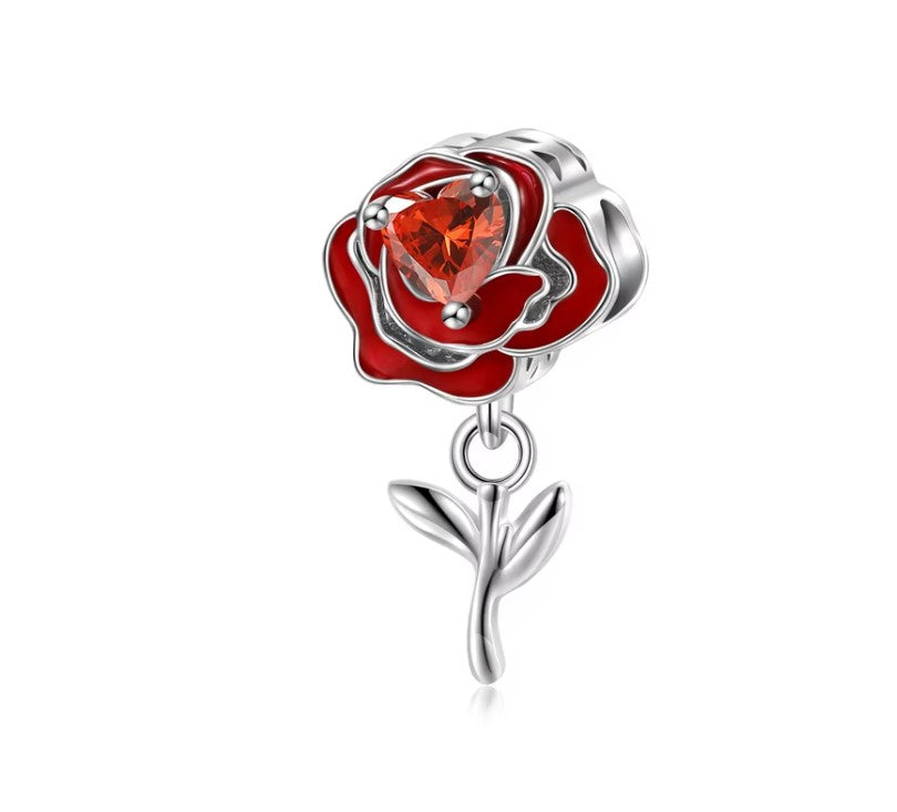 925 Sterling Silver Romantic Red Heart Rose Bead Charm Be Fabulous