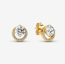 Load image into Gallery viewer, 925 Sterling Silver Gold Plated Sparkling Round Halo Clear CZ Stud Earrings