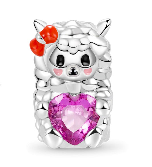 Sheep Holding Red CZ Heart Bead Charm