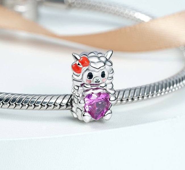 Sheep Holding Red CZ Heart Bead Charm