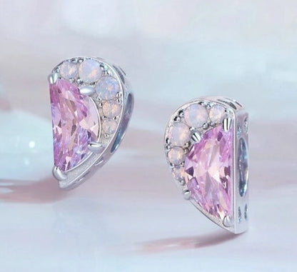 Sister Sis Love Pink CZ Half Hearts Bead Charm SET