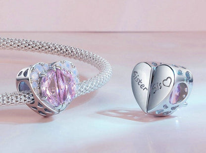 Sister Sis Love Pink CZ Half Hearts Bead Charm SET