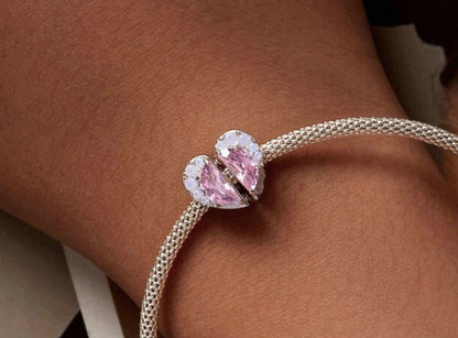 Sister Sis Love Pink CZ Half Hearts Bead Charm SET