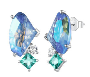925 Sterling Silver Stained Glass Green and Blue Stud Earrings