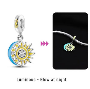 925 Sterling Silver Sun and Moon Luminous/Glow in the Dark Dangle Charm