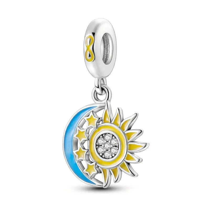 925 Sterling Silver Sun and Moon Luminous/Glow in the Dark Dangle Charm