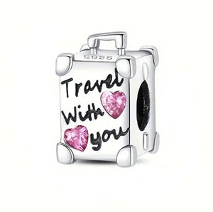 925 Sterling Silver Travel With You Pink CZ Suitcase Bead Charm