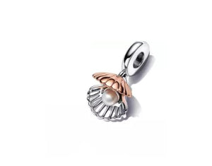 925 Sterling Silver Two Tone Sea Shell And Pearl Dangle Charm