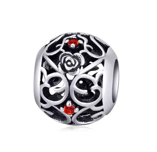 Vintage Rose Garden Red CZ Openwork Bead Charm