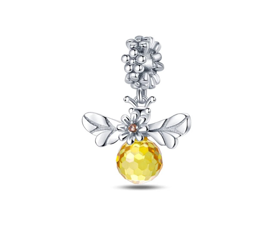 925 Sterling Silver Yellow Gem Daisy Bee Dangle Charm