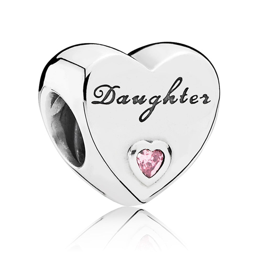 925 Sterling Silver CZ Daughter Engraved Heart Bead Charm