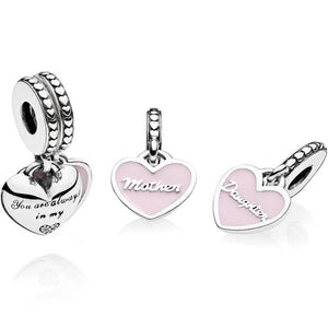 925 Sterling Silver Pink Enamel Mom and Daughter Heart SET Dangle Charm