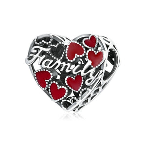 925 Steling Silver Family Red Hearts Heart Bead Charm