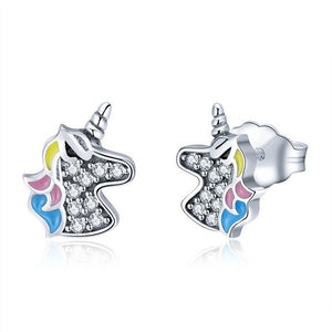 925 Sterling Silver CZ Colourful Unicorn Stud Earrings