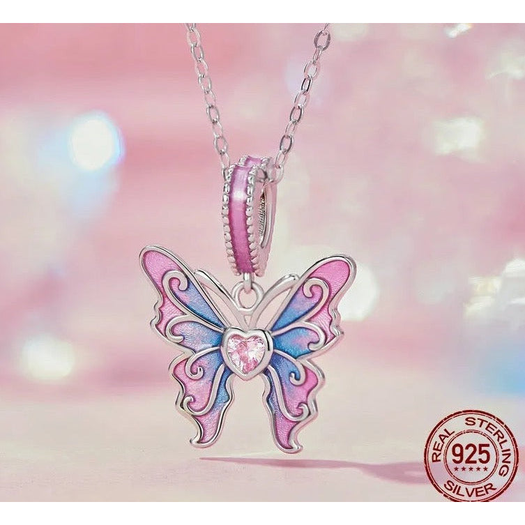 Pink and Blue Enamel CZ Butterfly Dangle Charm
