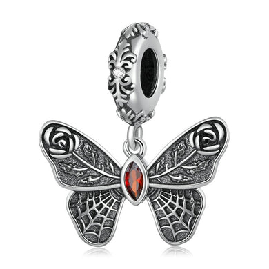 925 Sterling Silver Vintage Red CZ Butterfly Dangle Charm