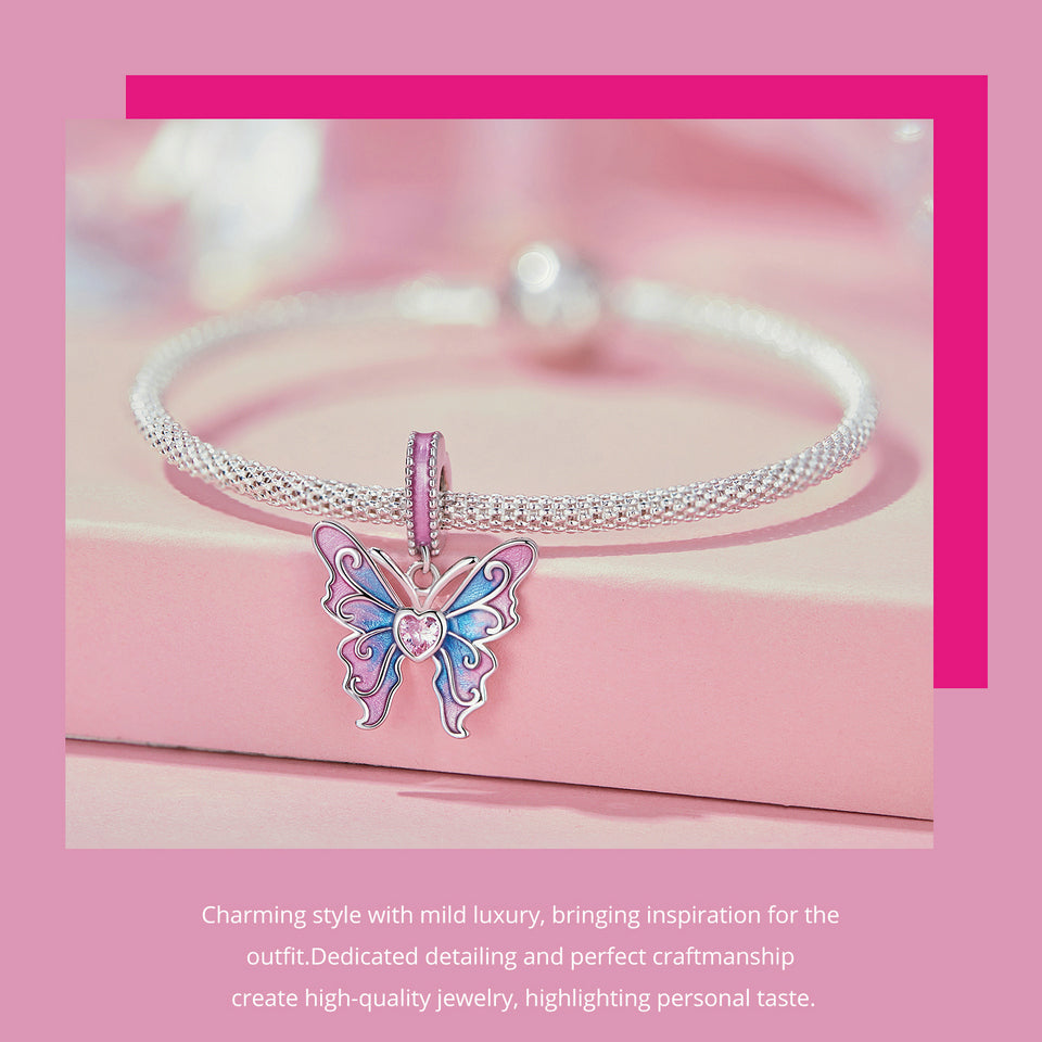 Pink and Blue Enamel CZ Butterfly Dangle Charm