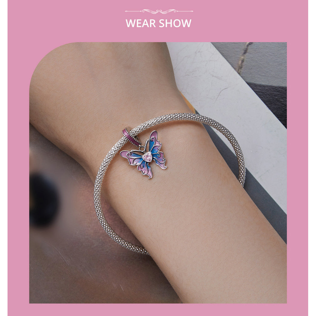 Pink and Blue Enamel CZ Butterfly Dangle Charm