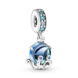 925 Sterling Silver Blue Murano Glass Octopus Dangle Charm