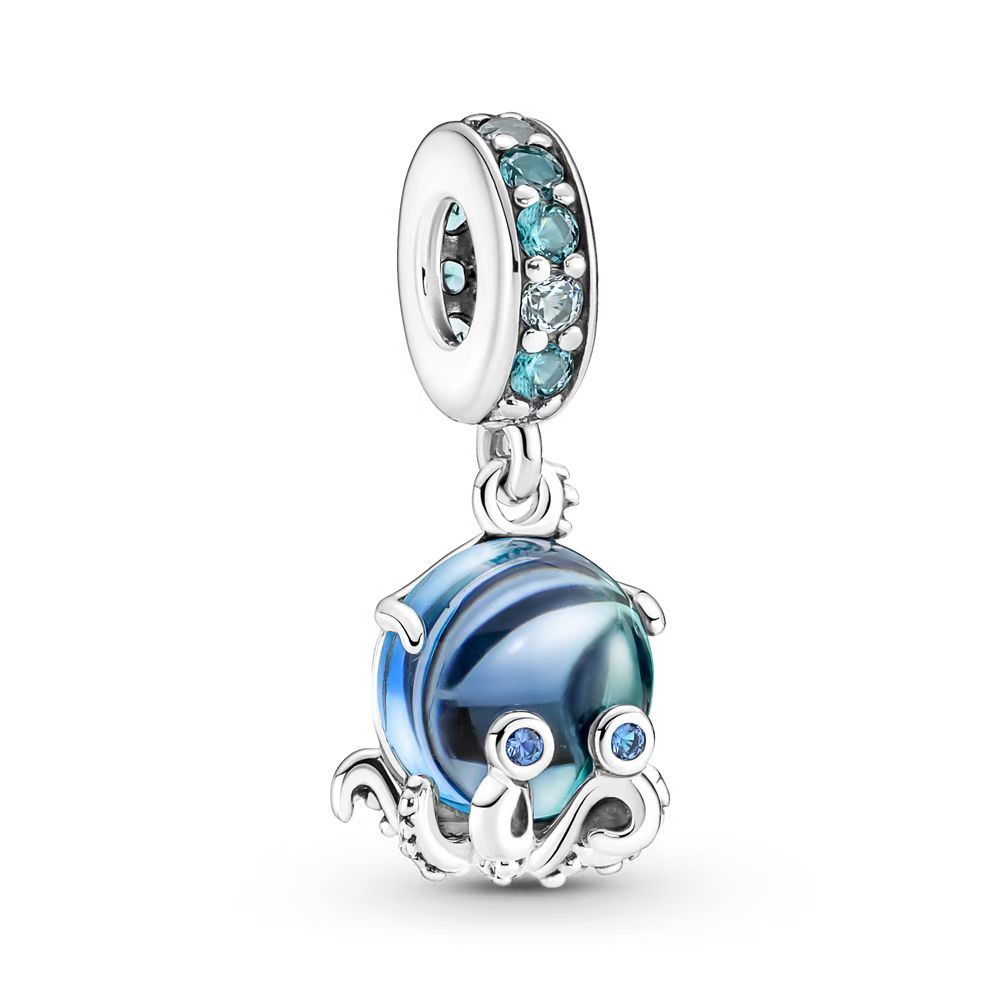 925 Sterling Silver Blue Murano Glass Octopus Dangle Charm