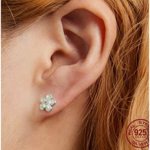 925 Sterling Silver Green and Pink Enamel Daisy Stud Earrings