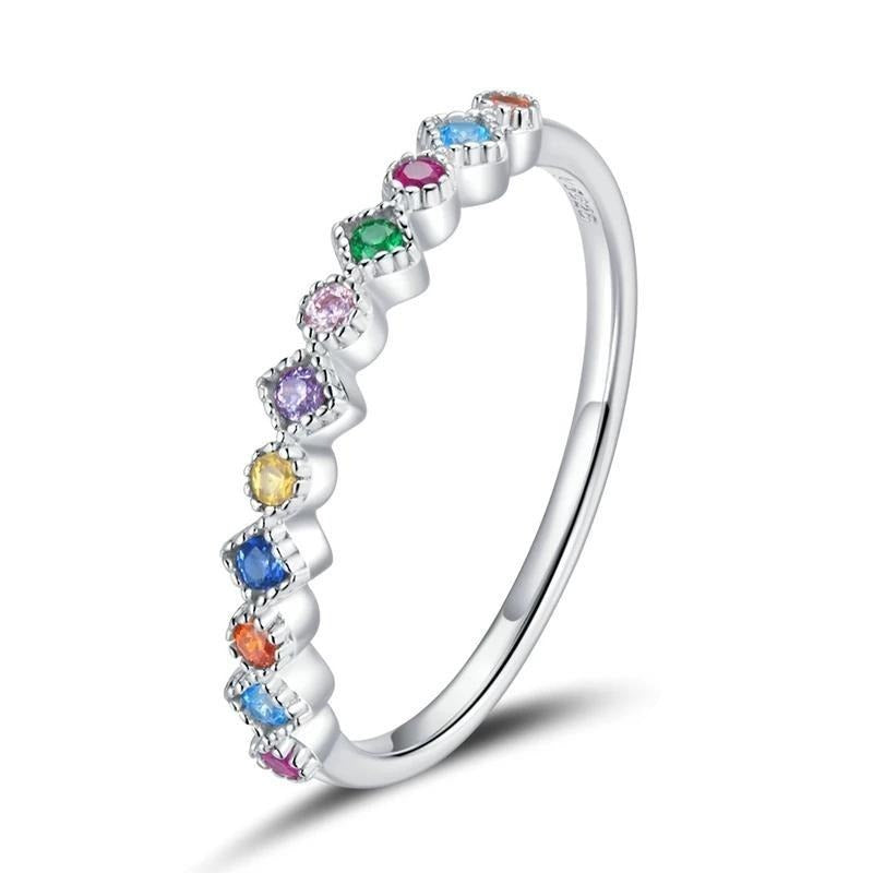 925 Sterling Silver Colourful CZ Signet Rainbow Ring