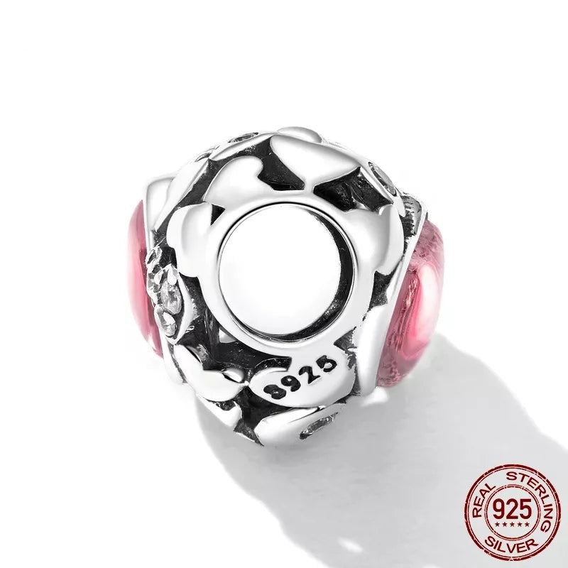 Clear CZ Pink Opal Hollow Heart Bead Charm