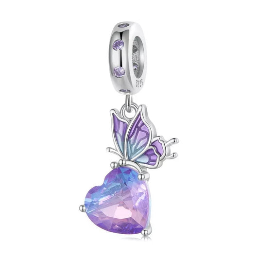 Purple CZ Heart and Butterfly Dangle Charm