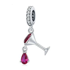 925 Sterling Silver Red Cocktail Glass Dangle Charm