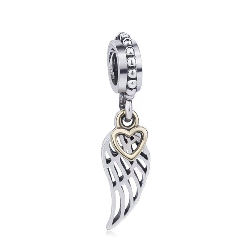 925 Sterling Silver Angel Wing Gold Heart Openwork Dangle Charm