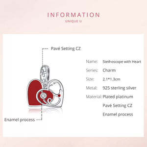 925 Sterling Silver Red Enamel Stethoscope Heart Dangle Charm