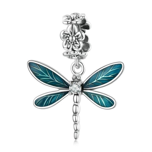 Green Enamel Floral Dragonfly Dangle Charms