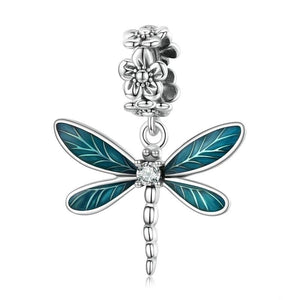 925 Sterling Silver Green Dragonfly Dangle Charms