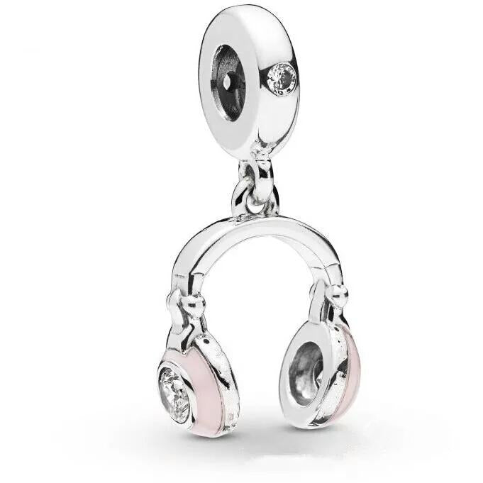 925 Sterling Silver Pink Enamel Headphones Dangle Charm