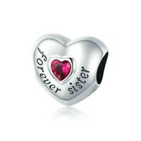 925 Sterling Silver Forever Sister Red CZ Heart Bead Charm