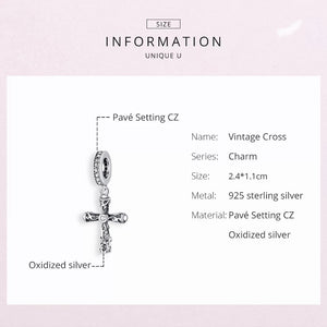 925 Sterling Silver CZ Vintage Cross Dangle Charm