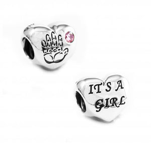 925 Sterling Silver It's a Girl Baby CZ Handprint Bead Charm