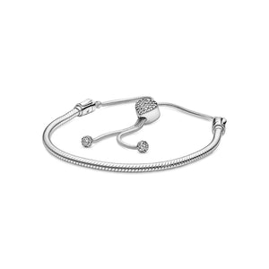 925 Sterling Silver CZ Heart Adjustable Slider Snake Bracelet