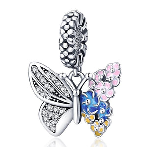925 Sterling Silver Flower Butterfly Dangle Charm