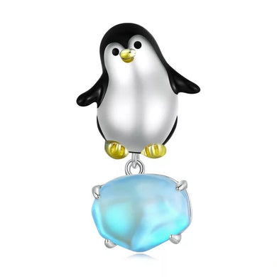 925 Sterling Silver Black Enamel CZ Penguin on Ice Bead Charm