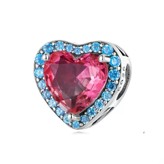 Pink and Blue CZ Je T'aime Heart Bead Charm